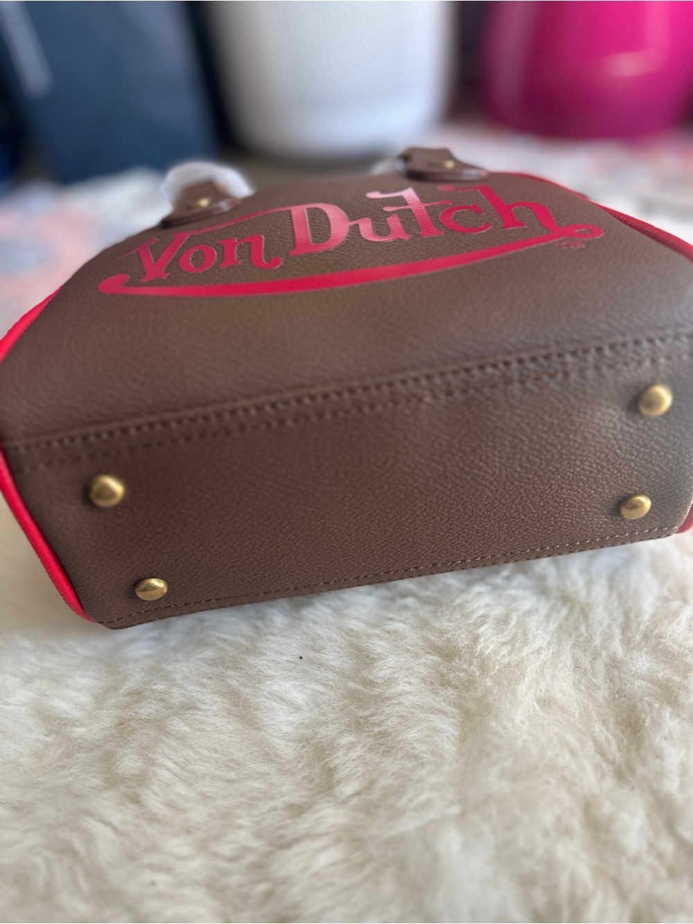 Von Dutch Bowling Bag Brown Red Crossbody Dome Purse Vegan Leather Y2K - Picture 8 of 9